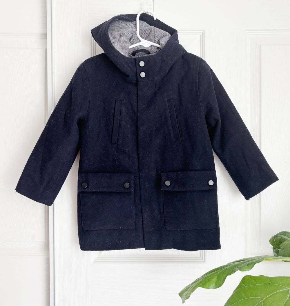 Zara Kids Boys Size 4Y Navy Blue Wool Blend Hooded Coat Jacket
